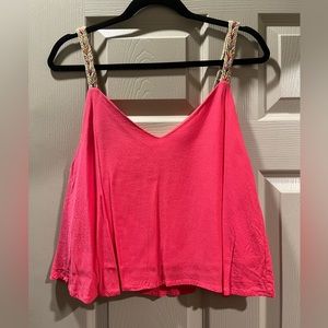 Hot pink crop top with woven rainbow straps